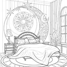 a coloring page with a bed in the middle and an image of a sun above it