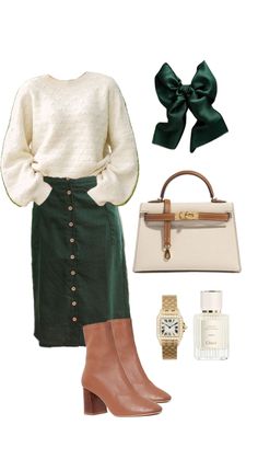 a woman wearing a green skirt, white sweater and brown boots is holding a purse