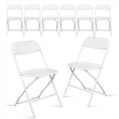 six white plastic folding chairs on a white background