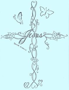 a cross with vines and butterflies on the side is drawn in black ink against a light blue background