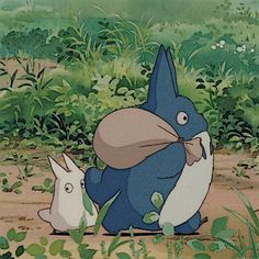 an animated image of a blue rabbit and another white rabbit sitting in the grass with their backs to each other