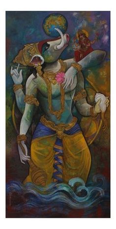 an oil painting on canvas of hindu god