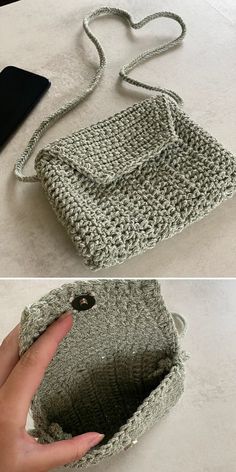 two pictures showing how to crochet a purse and the same bag as it is being made