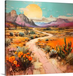 a painting of a dirt road in the desert with mountains and cactus trees on either side