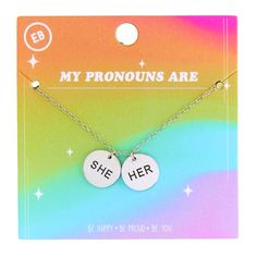 My Pronouns Are She/Her Necklace. Be Happy, Be Proud, Be You! Wear Your Pronouns With This Adjustable Necklace That Features Two Mini Circular Silver Pendants With "She" And "Her" Engraved On The Front. Earthbound Brand. Silver Color. Necklace Measures 19.25" Length. Each Pendant Measures 0.6" Length By 0.6" Height. Brand New In Packaging. Perfect For Lgbtqia+ Pride Month, Parades, Festivals, Parties & Celebrations - Or Just For Every Day! She Her Pronouns, My Pronouns, Lgbtqia Pride, Color Necklace, Pride Month, Silver Pendants, Adjustable Necklace, Celebration Party, Be Happy