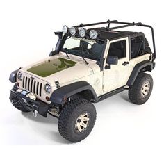 a white jeep with four lights on it's roof and the hood off, parked in front of a white background