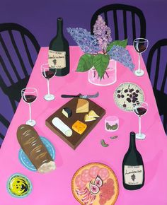 a painting of wine, cheese and bread on a pink tablecloth with black chairs