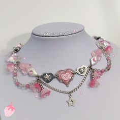 ✤"𝗦𝘄𝗲𝗲𝘁 𝗥𝗼𝗺𝗮𝗻𝗰𝗲": Super cute necklace made with glass beads, natural shell stars, resin and mother of pearls. All metal components are 100% stainless steel and the pink heart is a unique charm handmade by me 💕 --Length: approximately 40cm However I always add an extension chain so the necklace can be extended up to 46 cm. If you still need a specific measurement, please send me a message to adjust the piece! :) 💌 🌎 WORLDWIDE shipping via priority certified letter | Misheka Gems, h Cheap Handmade Pink Choker, Cheap Pink Kawaii Jewelry, Affordable Kawaii Necklaces For Valentine's Day, Cheap Pink Heart Beads Charm Necklaces, Cheap Kawaii Metal Jewelry, Baby Cakes Kawaii Cottage Core Necklaces, Kawaii Accessories Necklaces, Cheap Y2k Pink Jewelry, Cheap Beaded Kawaii Jewelry