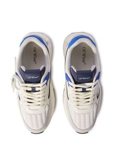 White/blue Kick Off low-top sneakers from OFF-WHITE featuring canvas/leather, geometric panelled design, logo lettering, signature Zip Tie tag, front lace-up fastening, round toe and ridged rubber sole. Size Info IT Color Detail White Made In China Material Sole: Rubber 100% Outer: Leather 57%, Polyamide 43% Lining: Polyester 100% Season One Fall-Winter Season Two Fall-Winter Product sneakers Brand Off White Size And Fit Heel 1,4 in / 3,5 cm; Platform 1,2 in / 3 cm Off White Sneakers, Latest Fashion Design, Crossbody Tote Bag, Moon Boots, Blazer With Jeans, Sneaker Brands, Cool Socks, Small Leather Goods, White Sneakers