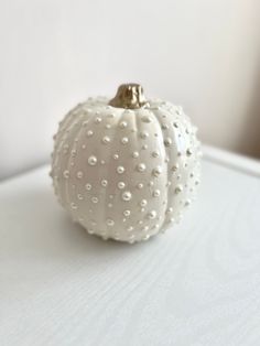 a small white pumpkin sitting on top of a table