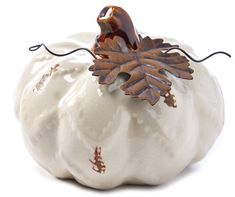 a white pumpkin with an acorn decoration on it