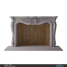 a white fireplace with a wooden mantle and carvings on the top, in front of a white background