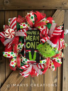 Who doesn't like this sarcastic mean green monster?! He's got a heart of gold and will bring a smile to visitors this holiday season! This is a handcrafted one of a kind wreath that I've created using a 14" wreath form the final dimensions being approximately 22 inches ✔️ Wreaths are made to order. 📌 MDF sign 📌Ribbon may vary depending on availability. 📌Will be shipped in a large box to keep it from getting damaged - however it will probably need some "floofing" (very technical word) once it reaches it's final destination (just fluff out the mesh and straighten any ribbon that you have gotten bent ) 📌You can just trim stray pieces away with scissors as needed. 📌It is highly recommended to keep the wreath in a covered area to protect from various weather conditions such as wind, rain, Christmas Wreaths Diy Grinch, Grinch Wreath Diy, Grinch Christmas Wreath, Monster Christmas, Diy Christmas Deco, Green Christmas Wreath, Grinch Wreath, Christmas Flower Arrangements, Wreath Form