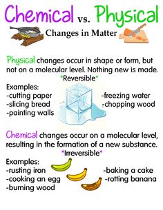 an image of chemical vs physical changes in matter text on white background with bananas and ice cubes