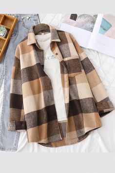 Big Plaid Woolen Thick Oversize Shirt – Tomscloth Beige Long Sleeve Winter Shirt, Casual Beige Shirt For Winter, Casual Beige Winter Shirt, Woolen Shirt, Tops Stylish, Lady Tops, Casual Outwear, Straight Clothes, Khaki Jacket