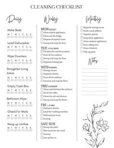 the cleaning checklist is shown with flowers and leaves in black ink on a white background