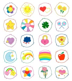 many different types of stickers on a white background, including hearts, stars, sun, moon and other things