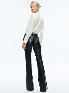 Shop Alice And Olivia's Tina Vegan Leather Split Hem Pant In Black. See Our Entire Collection Of Wide Leg. Enjoy Free Shipping And Returns On All Orders At Aliceandolivia.com. Vegan Leather Pant, Zipper Face, Olivia Black, Leather Pant, How To Hem Pants, Alice And Olivia, Bootcut Pants, High Waisted Flares, Flare Trousers