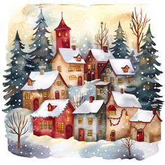 a watercolor painting of a snowy village with christmas trees and lights on the roof