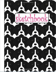 a black and white dog pattern with the word sketchbook written in pink on it