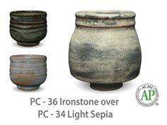 three different types of ceramic vases on display with the caption pc - 38 ironstone over pc - 34 light sepia