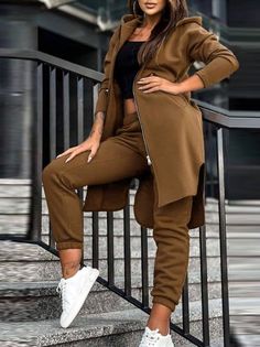 Plain Coats, Leisure Suit, Cuffed Pants, Pocket Pants, Hooded Coat, Womens Fashion Casual, Two Pieces, Hooded Jacket, Casual Style