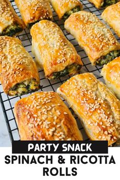 party snack spinach and ricotta rolls on a cooling rack with text overlay that reads party snack spinach and ricotta rolls