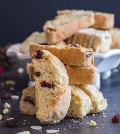 cranberry shortbreads stacked on top of each other in front of the camera