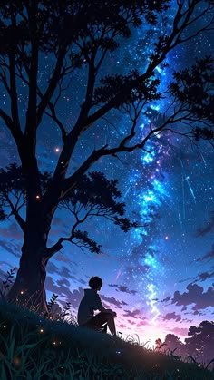 a person sitting under a tree looking at the night sky with stars in the background