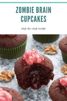 chocolate cupcakes with raspberry filling on top and the title text overlay reads, zombie brain cupcakes