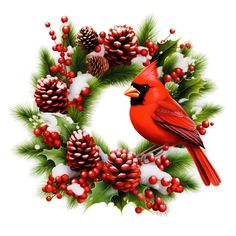 a cardinal sitting on top of a christmas wreath