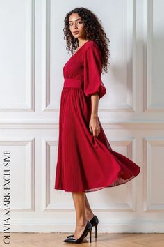 Olivia Mark - Elegant Vibrant Red Midi Dress with Puffed Sleeves and Wrap Front Evening Red Dress With Pleated Waist, Red Pleated Waist Dress For Party, Chic Red Dress With Pleated Waist, Red Party Dress With Pleated Waist, Red Evening Dress With Pleated Waist, Red Pleated Dresses For Winter, Elegant Red Dress With Pleated Waist, Red Formal Dress With Pleated Waist, Red Pleated Dress For Winter