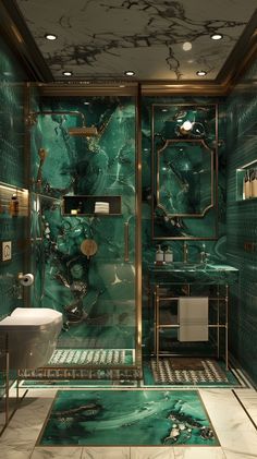 a bathroom with green marble walls and flooring that looks like it has been designed in the style of art deco