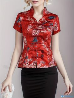 Orcajump - Frog Button Floral Print Top, Chinese Vintage Short Sleeve Slim Top, Women's Clothing Fitted Stand Collar Top With Buttons, Red Stand Collar Top For Spring, Red Floral Print Short Sleeve Tops, Red Collared Floral Print Tops, Red Printed Button-up Top, Red Floral Print Button-up Top, Red Floral Print Button-up Blouse, Chinese Vintage, Keyhole Neckline