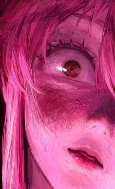 a woman with pink hair and red eyes