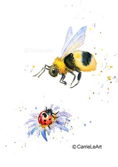 two bees flying next to each other on top of a white surface with watercolor paint