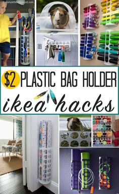 there are many different items in this collage with the words plastic bag holder ikea hacks