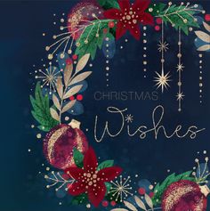 a christmas card with the words, merry written in gold and red on it's front