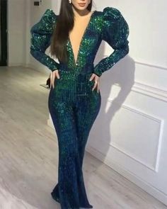 Fall Party V-neck Bodysuit, Fitted V-neck Bodysuit For Party, Green Fitted V-neck Jumpsuit, Fitted V-neck Party Bodysuit, Elegant Long Sleeve Sequin Bodysuit, Fitted Green Jumpsuit, Fitted Long Sleeve Bodysuit For Party Season, Elegant Long Sleeve Green Bodysuit, Elegant Green Long Sleeve Bodysuit