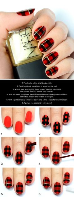 Black and Red Plaid Print Nail Tutorial - 15 Christmas-Inspired DIY Nail Art Tutorials | GleamItUp Christmas Party Nails, Diy Nail Art Tutorial, Plaid Nail Art, Christmas Nail Art Easy, Unghie Nail Art, Manicure Gel, Plaid Nails, Christmas Nails Easy, Christmas Nail Art Designs