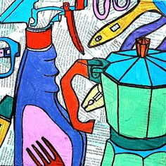 an abstract painting of kitchen utensils and other household items on newsprint paper