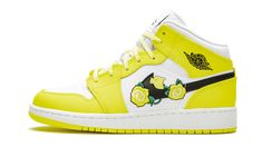 The Air Jordan 1 Mid GS "Dynamic Yellow Floral" is a kids-only colorway that will catch eyes on the playground and the hallways at school. With leather Dynamic Yellow overlays that live up to the color’s name on top of a white leather base, these shoes are definitely ready to grab attention. Even more bold are the yellow roses putting down roots on the classic black Swoosh logo. With green stems and leaves and a black outline, the roses look ready to be plucked right off the shoe. Pastel yellow Air Jordans 1, Custom Jordan, Jordans 1, Air Jordan 1 Mid Gs, Nike X Travis Scott, Nike Air Force One, Low Air Jordan 1, Air Jordan 1 Mid Se, Yellow Design