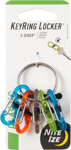 the keyring locker is multicolored and has several keys attached to it