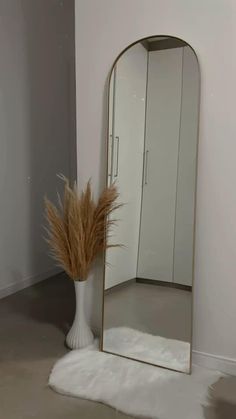 a tall mirror sitting on top of a floor next to a vase filled with dry grass