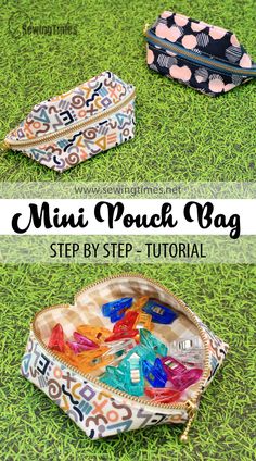 three small pouch bags on the grass with text overlay reading mini pouch bag step by step