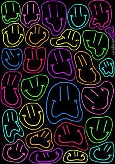 a black background with neon colored smiley faces