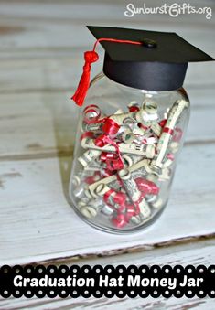 graduation hat money jar with red and white confetti