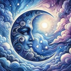 a painting of a crescent moon with clouds and stars in the night sky above it