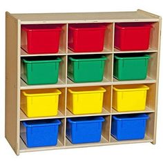 a wooden shelf filled with lots of colorful bins