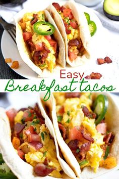 two breakfast tacos with eggs, bacon and jalapenos in them on a white plate